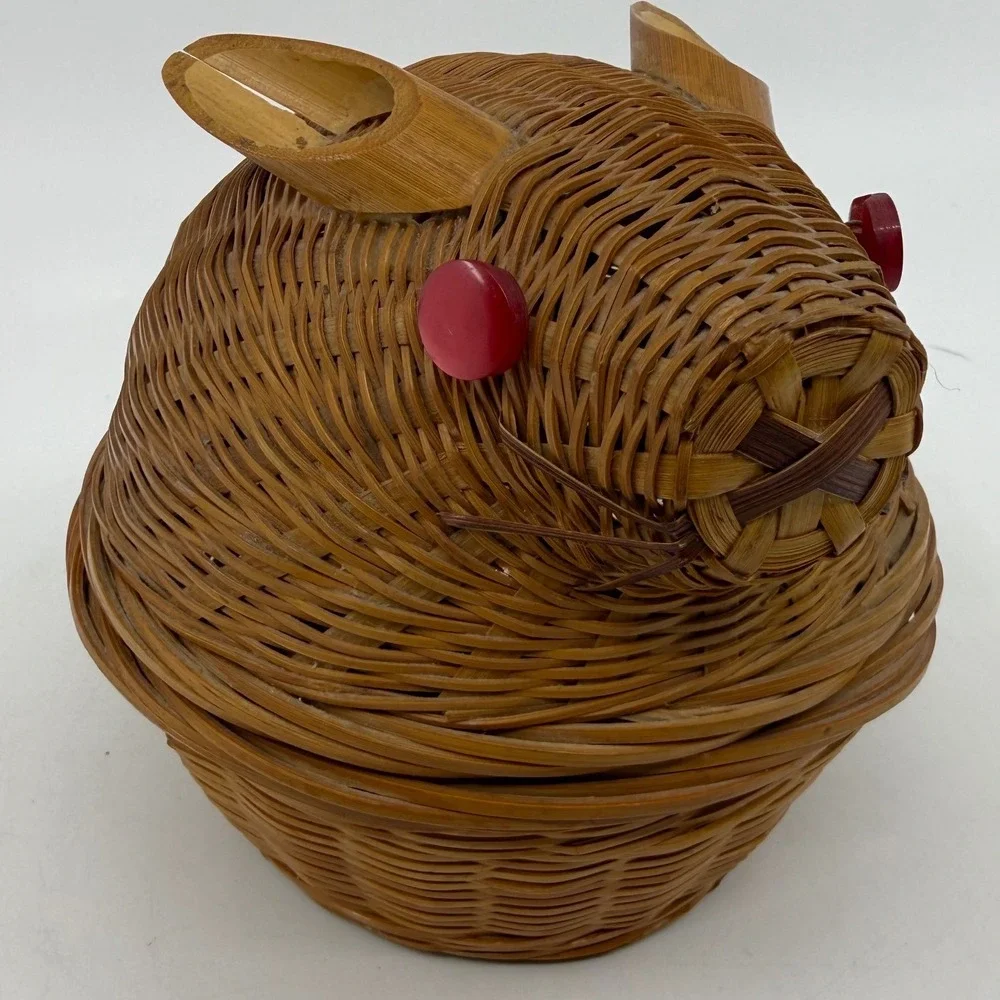 Vintage Woven Bamboo Bunny Rabbit Trinket Basket Brown Wicker Red Button Eyes